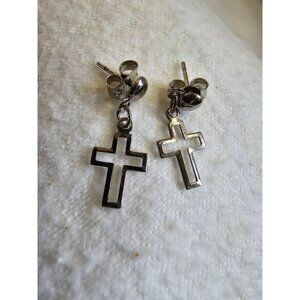 Tiny Short Dangle Outlined Silver Toned Earrings Cross Christian Casual Cute